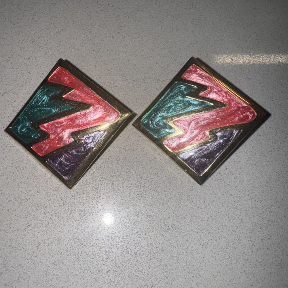 Vintage Retro Goldtone Pierced Multi Color Enamel Earrings Square